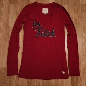 Abercrombie & Fitch Cotton V-Neck Long Sleeve Logo Tee Red Navy Blue Medium